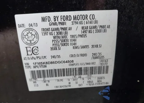 2013 Ford Explorer Xlt из США, поврежденный, VIN 1FM5K8D86DGC64508